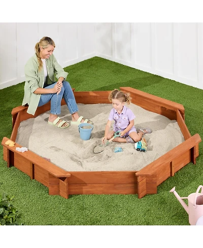 Best Choice Products Kid's Octagonal Wooden Outdoor Sandbox w/ Benches, 8 Seats, Cover, Xl Sandpit, Liner