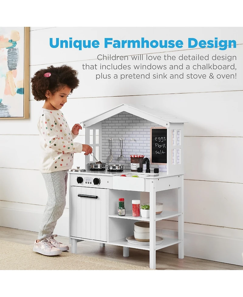 Best Choice Products Pretend Play Wooden Farmhouse Kitchen Set w/ Storage, Clicking Knobs, 5 Accessories
