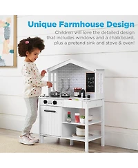 Best Choice Products Pretend Play Wooden Farmhouse Kitchen Set w/ Storage, Clicking Knobs, 5 Accessories