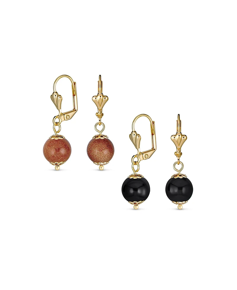 Bling Jewelry Set of 2 Round Natural Brown Goldstone Black Onyx Drop Ball Earrings Gold Plated