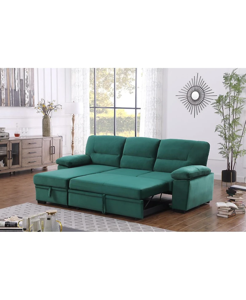 Homlux 97.5"W Green Velvet Fabric Reversible Sleeper Sectional Sofa Chaise