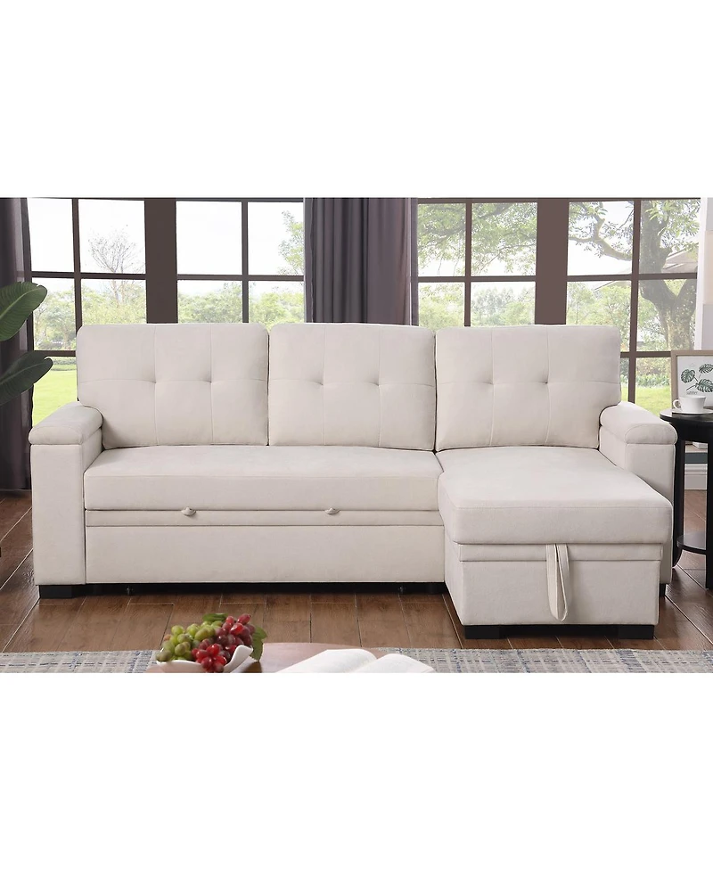 Homlux 84.5"W Beige Woven Fabric Reversible Sleeper Sectional Sofa with Storage Chaise