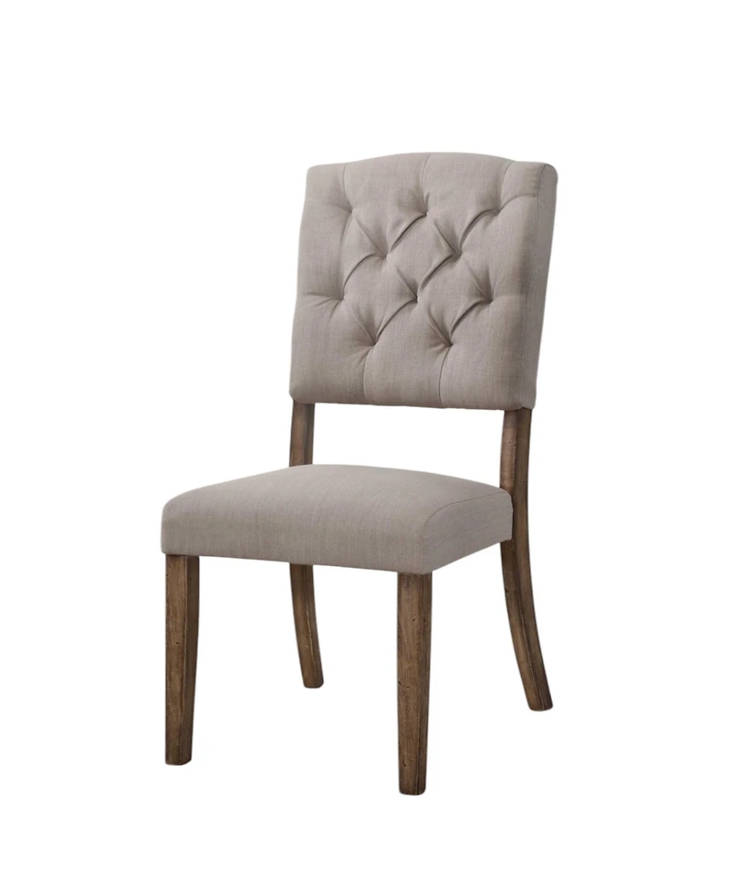 Set of Two Tufted Upholstered Linen Dining Side Chairs with Open Back