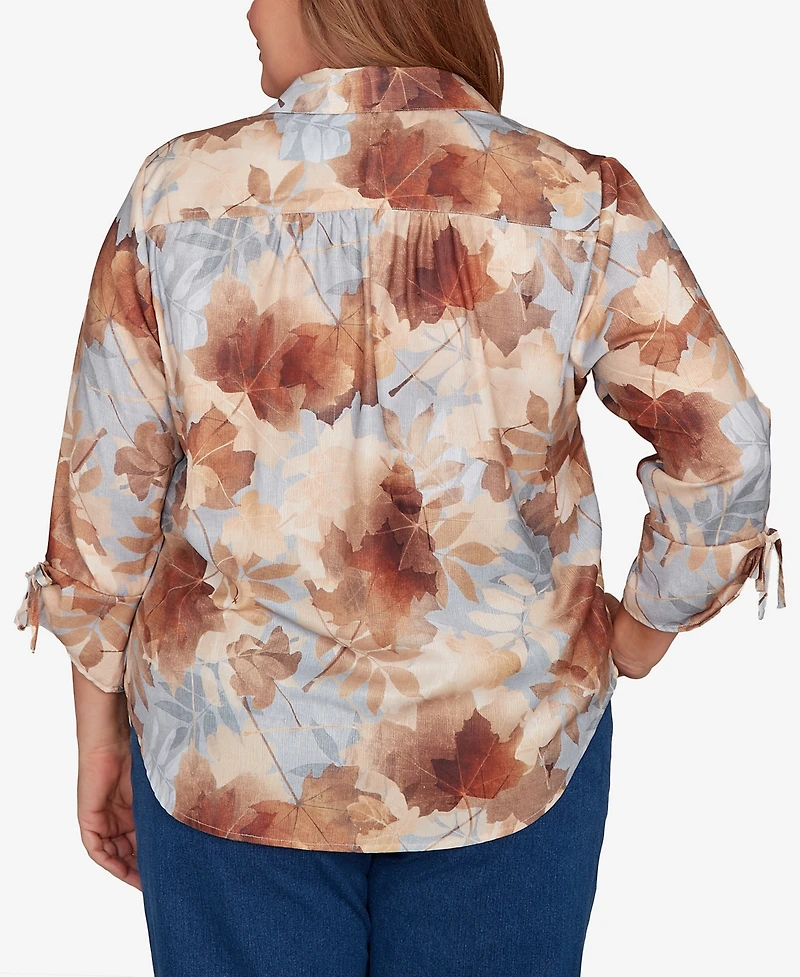 Alfred Dunner Plus Classic Textured Leaf Button Front Top