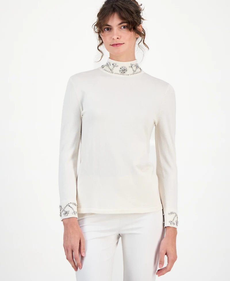 Anne Klein Women's Embellished Rhinestone-Detail Turtleneck Sweater