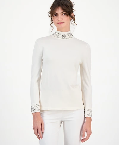 Anne Klein Women's Embellished Rhinestone-Detail Turtleneck Sweater