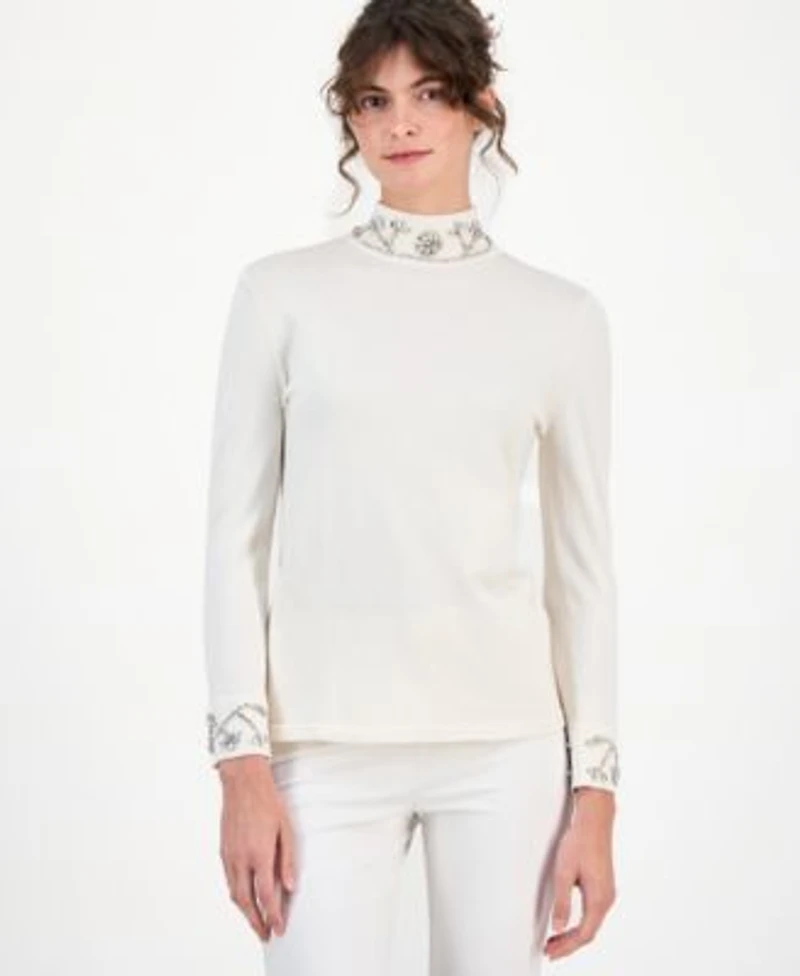 Anne Klein Womens Embellished Rhinestone Detail Turtleneck Sweater P Xxs Xxl