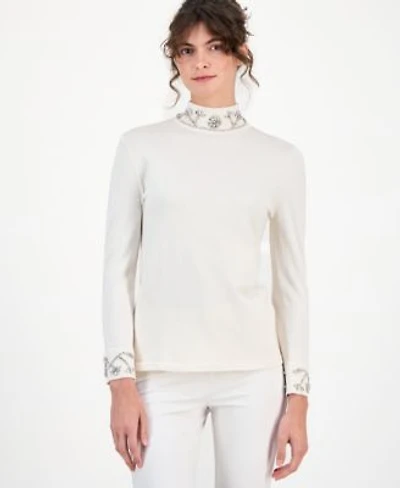 Anne Klein Womens Embellished Rhinestone Detail Turtleneck Sweater P Xxs Xxl