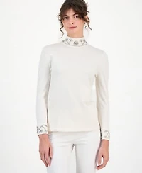 Anne Klein Womens Embellished Rhinestone Detail Turtleneck Sweater P Xxs Xxl