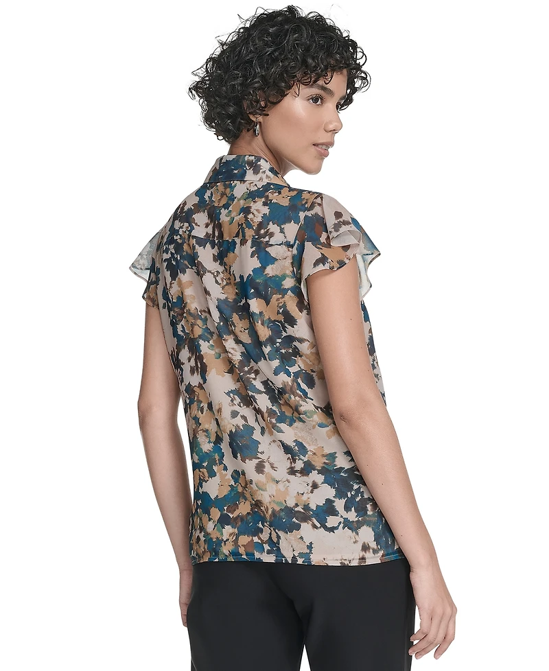 Calvin Klein Women's Printed Flutter-Sleeve Ruffle Blouse