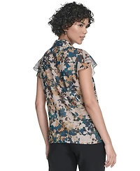 Calvin Klein Women's Printed Flutter-Sleeve Ruffle Blouse