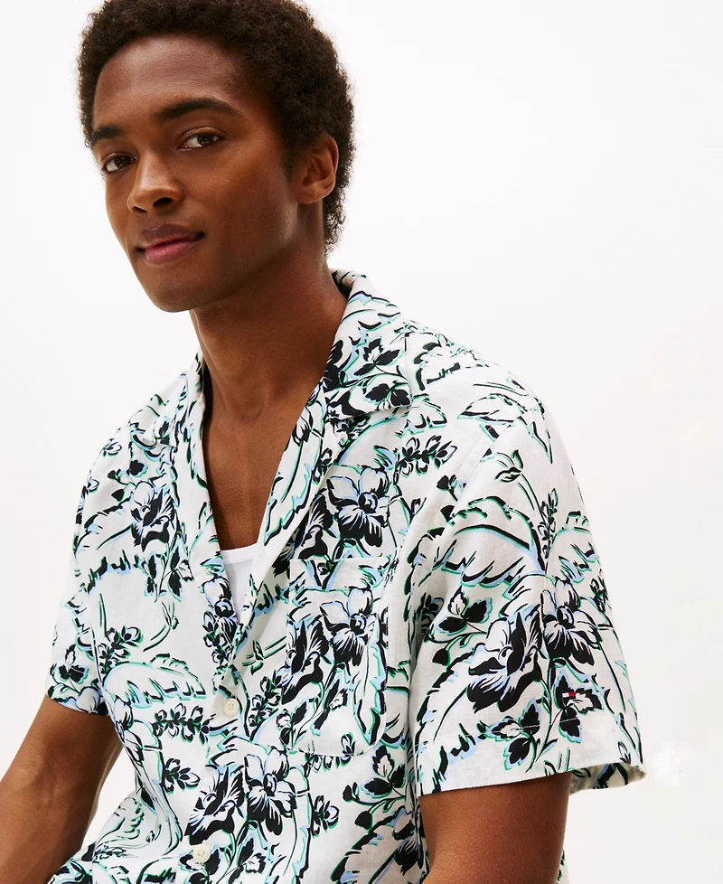 Tommy Hilfiger Men's Patterned Linen Button Up Short Sleeve Shirt