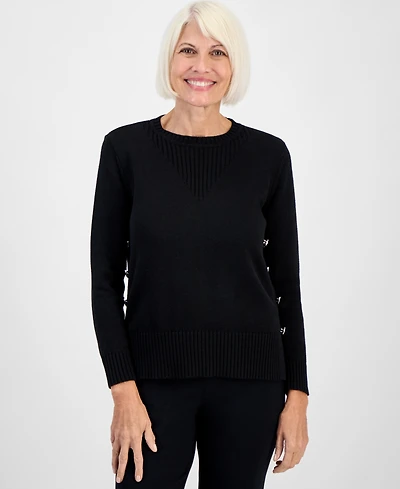 Jones New York Petite Long-Sleeve Side-Button Crewneck Sweater