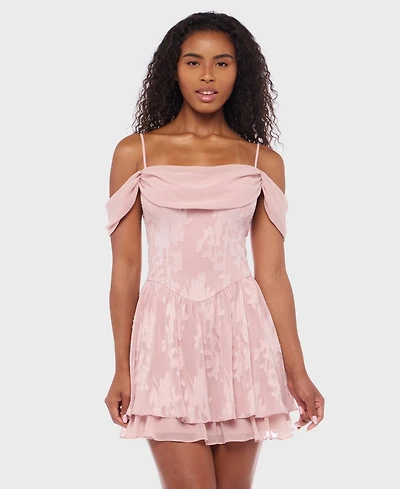 B Darlin Juniors' Cold-Shoulder Jacquard Fit & Flare Dress