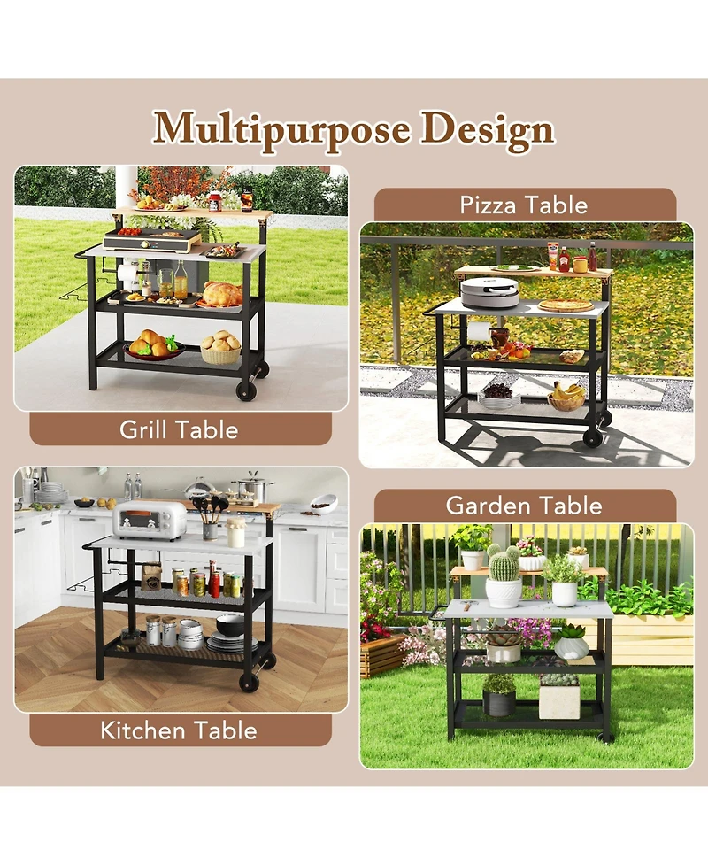 Rolling Bar Cart with Flip-Up Table & Hooks Mobile Storage Cart for Kitchen and Entertaining