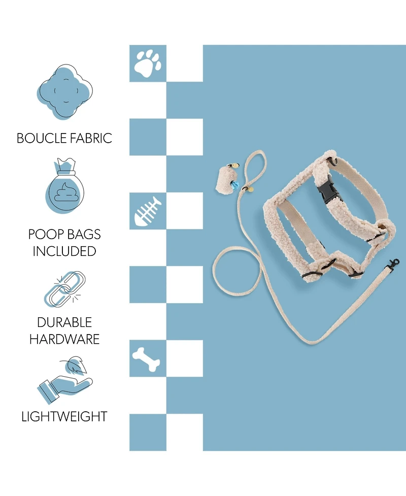 Teddy Boucle Adjustable H Harness Leash Walk Set with Poop Bag Pouch