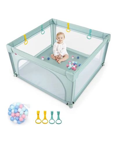 Gymax Toddler Playpen Large Activity Center w/ 50 Pcs Ocean Balls & 4 Pull Rings