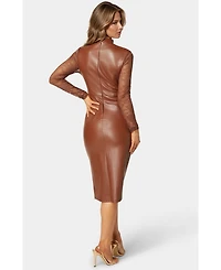 Bebe Women's Faux Leather Lace Illusion Midi Dress
