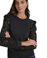 Dkny Jeans Women's Lace Puff-Sleeve Crewneck Top