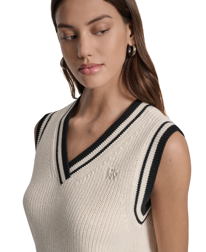 Dkny Jeans Women's Contrast Trim Cotton V-Neck Sleeveless Sweater