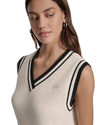 Dkny Jeans Women's Contrast Trim Cotton V-Neck Sleeveless Sweater