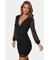 Bebe Women's Long Sleeve Faux Wrap Ruched Mini Dress