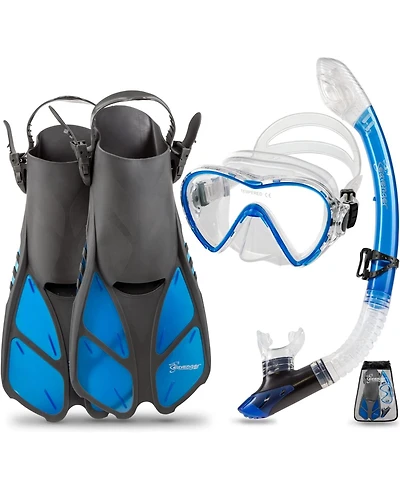 Seavenger Aviator Snorkeling Set: Single Window Mask, Snorkel, Fins & Bag - Dodger Blue L/Xl