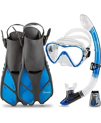Seavenger Aviator Snorkeling Set: Single Window Mask, Snorkel, Fins & Bag - Dodger Blue L/Xl