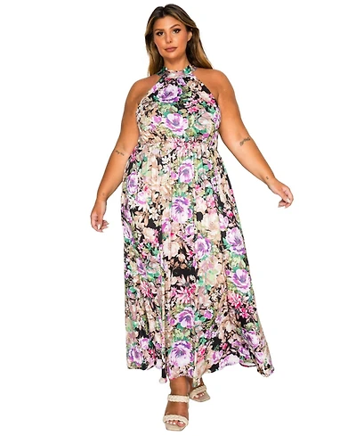 L I V D Women's Plus Bryony Floral Halter Neck Dress