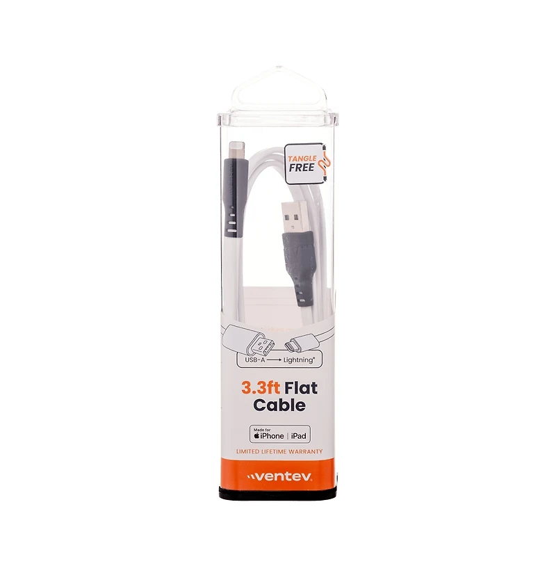 Ventev Flat Usb A to Apple Lightning High Speed Tangle-Free 3 Foot Cable-White