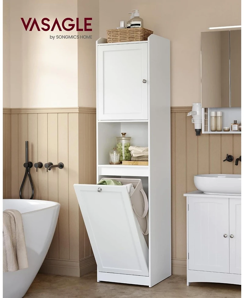 Songmics Home Tall Bathroom Cabinet (15.8" x 15.8" x 66.9") with removable laundry basket with handles, door compartment, Cloud White