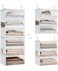 Songmics Home 6-Tier Hanging Closet Organizer, Foldable Fabric Shelf with Side Pockets, Bamboo Inserts & Metal Hooks , Cloud White