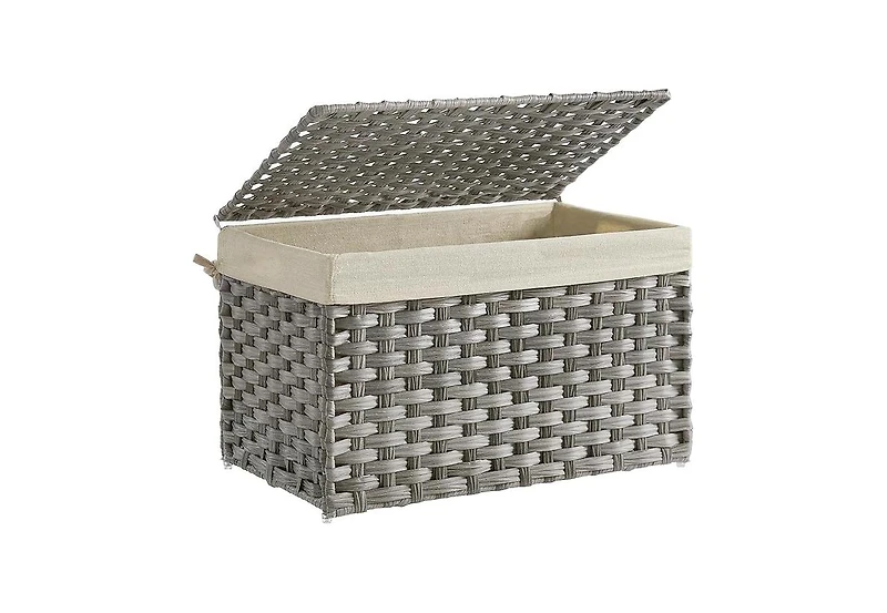 Songmics Home Storage Basket with Lid – 17.2 Gallons (65L) Foldable Woven Bin with Handles, Metal Frame & Removable Liner for Blankets