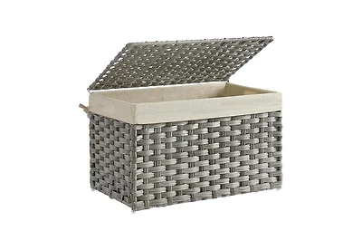 Songmics Home Storage Basket with Lid – 17.2 Gallons (65L) Foldable Woven Bin with Handles, Metal Frame & Removable Liner for Blankets