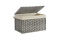 Songmics Home Storage Basket with Lid – 17.2 Gallons (65L) Foldable Woven Bin with Handles, Metal Frame & Removable Liner for Blankets