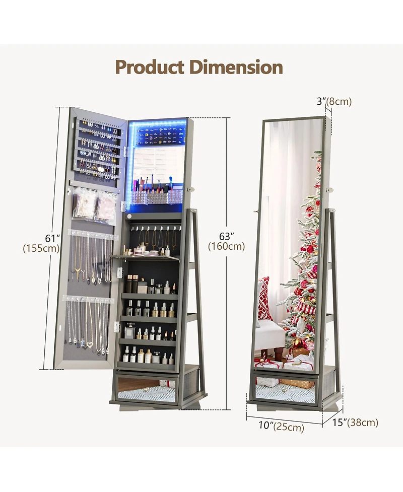 Vlsrka Jewelry freestanding storage mirror cabinet with shelves, built-in lights, and rotating feature.