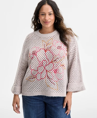 Democracy Plus Long Sleeve Floral Embroidered Sweater