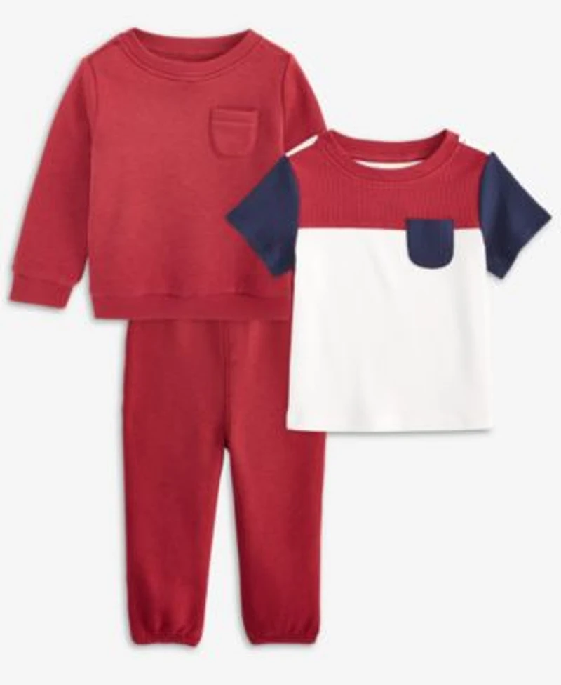 First Impressions Baby Boys Waffle Colorblocked T Shirt Fleece Sweatshirt Fleece Pants Exclusively At Macys