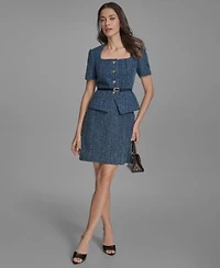 Bcbg Womens Cotton Tweed Belted Short Sleeve Jacket Cotton Tweed Mini Pencil Skirt