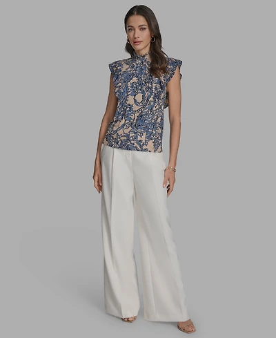Bcbg Women's Printed Mock Neck Knit Flutter-Sleeve Top