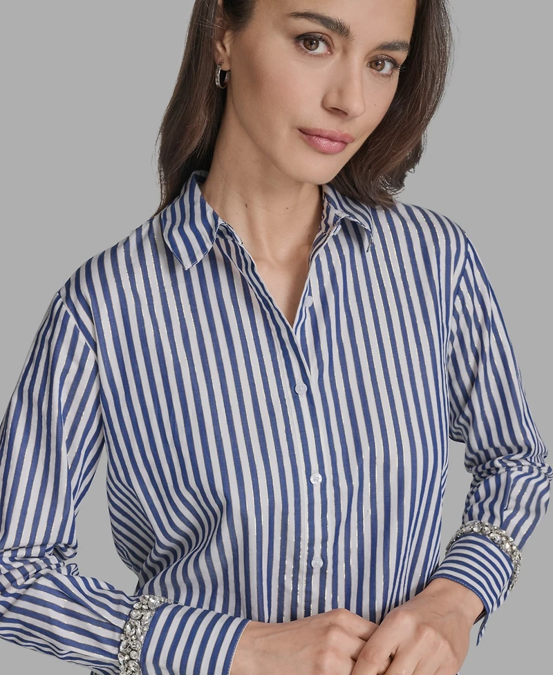 Bcbg Women's Striped Rhinestone-Cuff Shirt