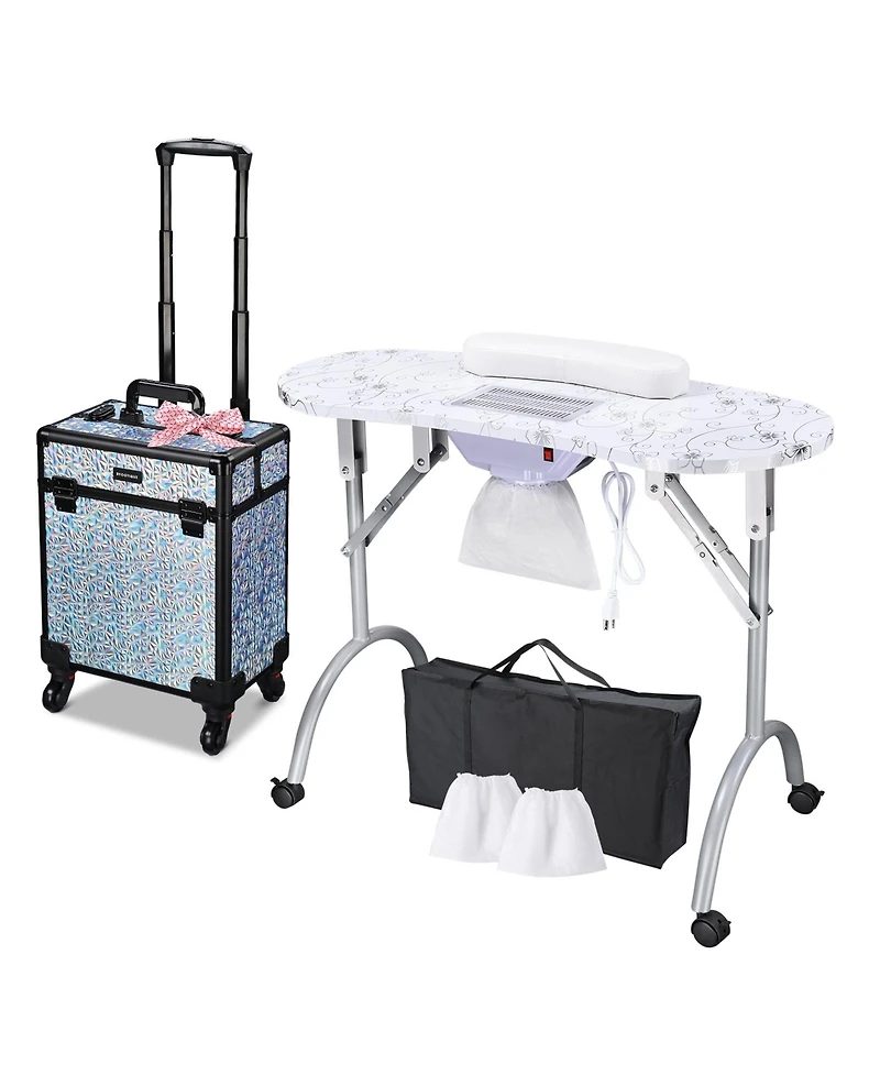 Byootique Folding Manicure Nail Table & Rolling Makeup Train Case Mermaid Silver