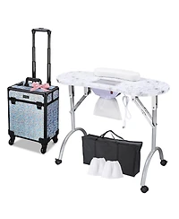 Byootique Folding Manicure Nail Table & Rolling Makeup Train Case Mermaid Silver