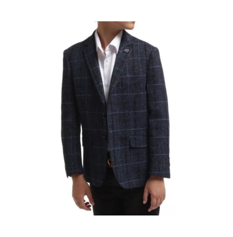 Elie Balleh Boys Navy Slim Fit Plaid Chanel Tweed Blazer