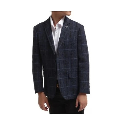 Elie Balleh Boys Navy Slim Fit Plaid Chanel Tweed Blazer