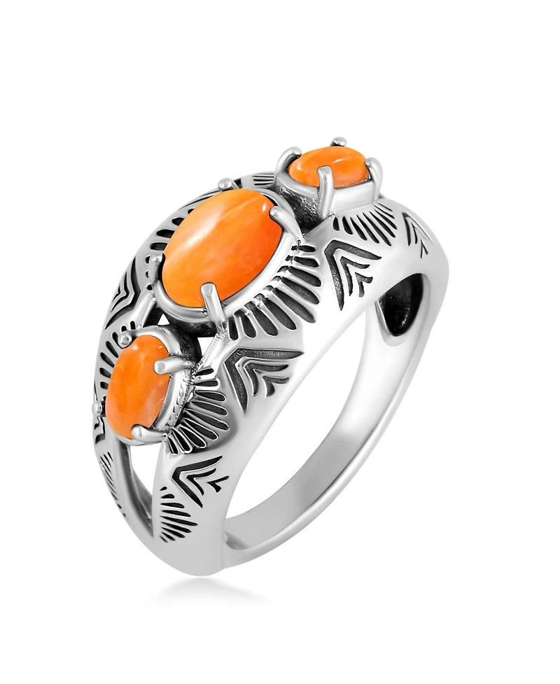 American West Jewelry Sterling Silver Orange Spiny Oyster 3-Stone Oval Band Ring, 10