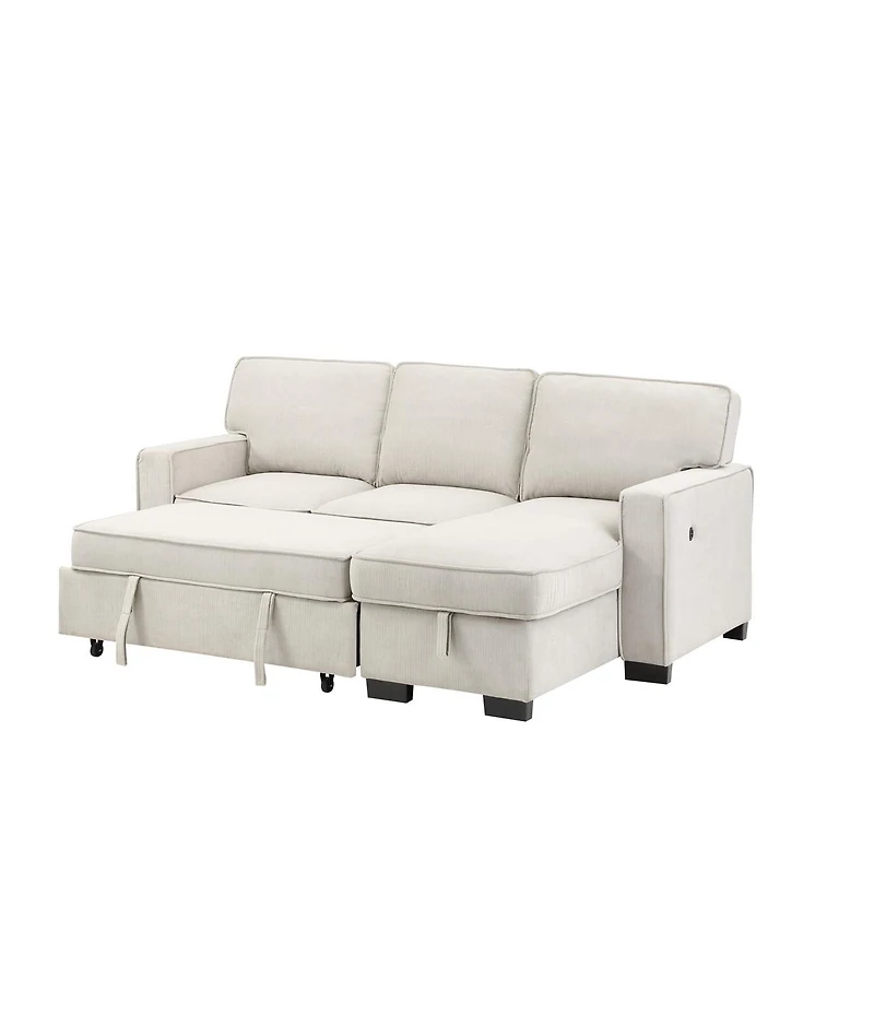 Homlux 86.5"W Beige Fabric Reversible Sleeper Sectional with Storage Chaise Drop-Down Table 2 Cup Holders and 2USB Ports