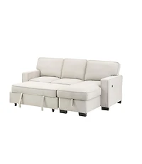 Homlux 86.5"W Beige Fabric Reversible Sleeper Sectional with Storage Chaise Drop-Down Table 2 Cup Holders and 2USB Ports