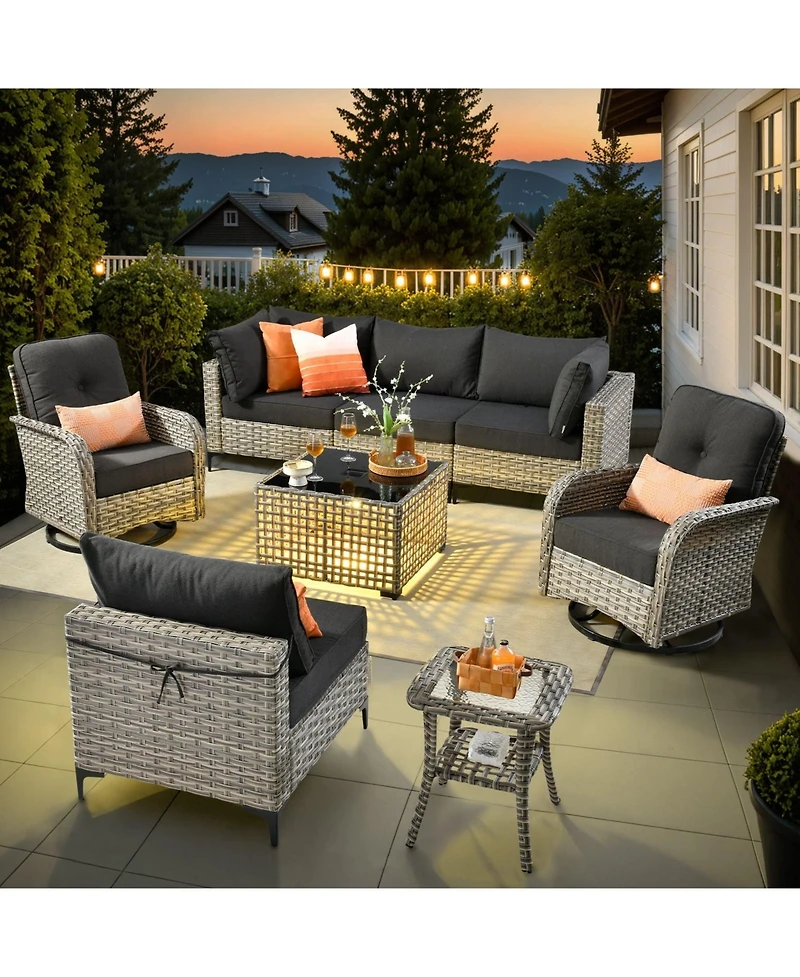 Xizzi Outdoor Patio Furniture Set,8 Pieces Rattan Sectional Cozy Sofa,Patio Conversation Sets with Swivel Chairs and Solar Coffee Table
