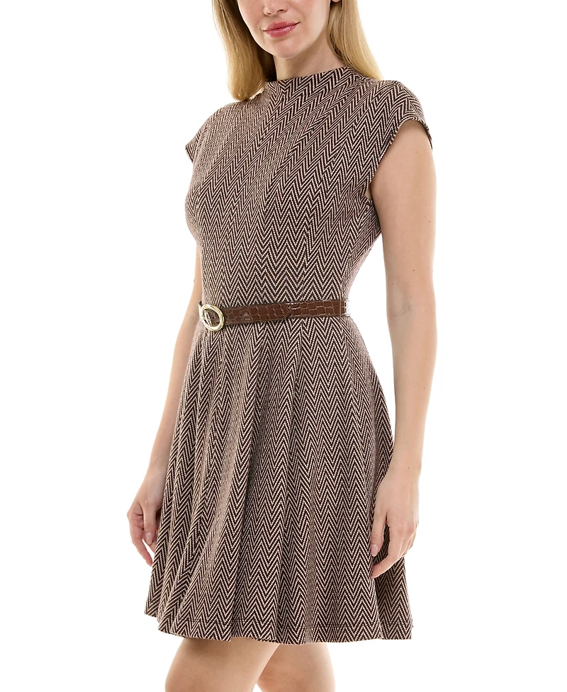 Taylor Petite Jacquard Mock-Neck Belted Fit & Flare Dress